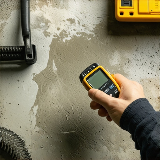 Professional Flooring Tools and Moisture Testing Gear Close up of flooring tools including a moisture meter and helical mixer on a subfloor.