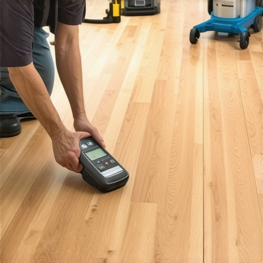 Professional installer using a moisture meter on hardwood floors to ensure proper installation conditions.