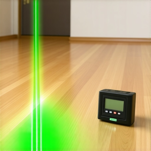 A pinless moisture meter and green laser level used for professional flooring installation.