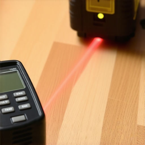 A moisture meter and laser level being used on a hardwood floor installation