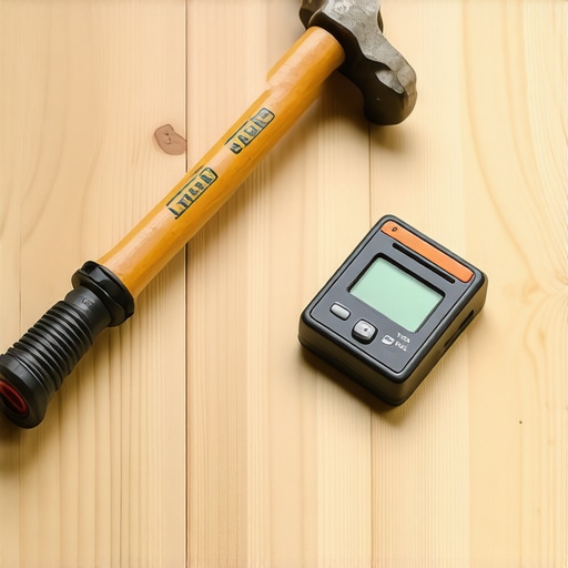 Close up of a dead blow hammer and moisture meter on matte hardwood floors