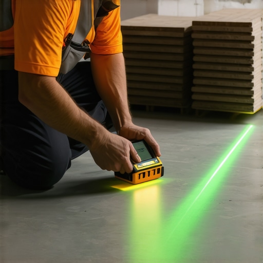 Contractor using a moisture meter and laser level on a commercial subfloor