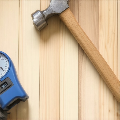 Close up of a dead blow hammer and moisture meter on white oak flooring.