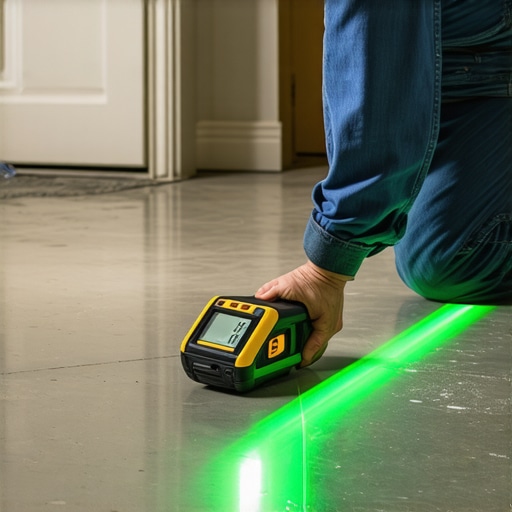 A pinless moisture meter and a green cross-line laser level on a construction site.