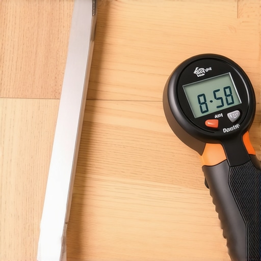A pinless moisture meter and 10-foot straightedge used for flooring installation prep.