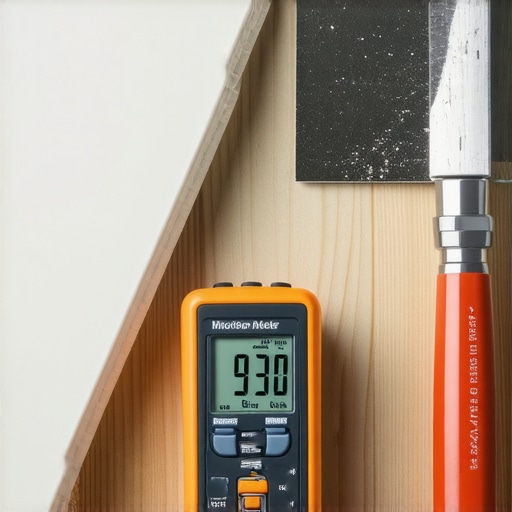 Professional Flooring Tools for Moisture Testing Digital moisture meter testing a subfloor for tile installation readiness.