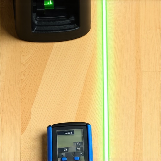 Professional Flooring Tools for Precision A moisture meter and green laser level being used on a new hardwood floor installation.
