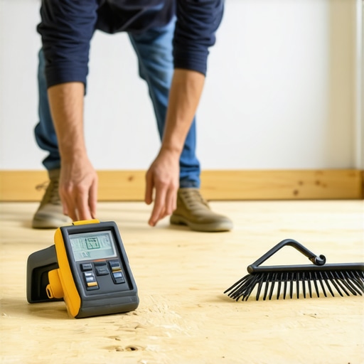 Professional Flooring Tools for Subfloor Preparation Contractor using a moisture meter and gauge rake on a subfloor