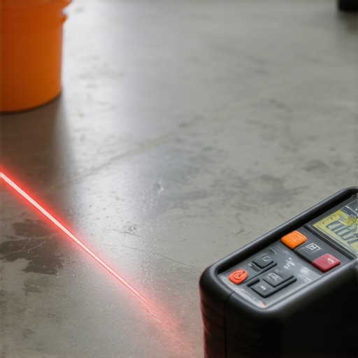 Professional Flooring Tools for Subfloor Testing A digital moisture meter and laser level being used to check a concrete subfloor before tiling.