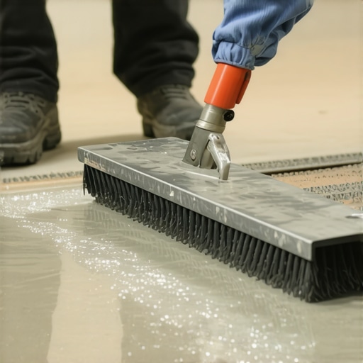 Contractor using a gauge rake to spread floor leveling compound on concrete.