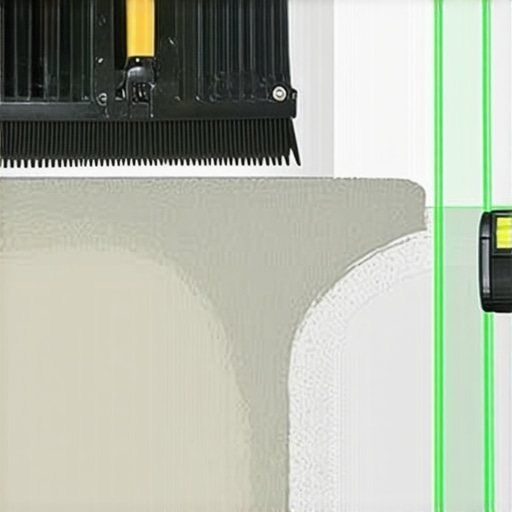 Professional Gauge Rake and Laser Level Setup A gauge rake spreading self-leveling compound on a concrete floor with a green laser line for precision.