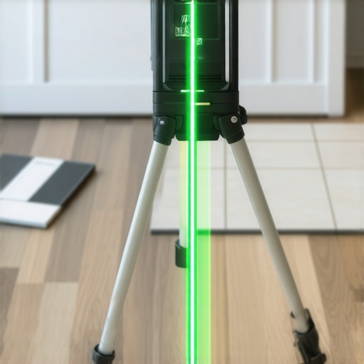 A green beam laser level projecting lines across a subfloor for precision flooring installation.