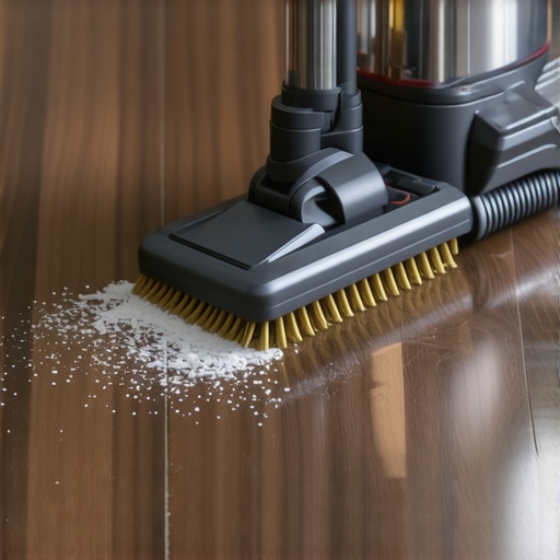 Professional HEPA Vacuuming for Flooring Longevity Close-up of a soft-bristle vacuum attachment cleaning hardwood floor seams.