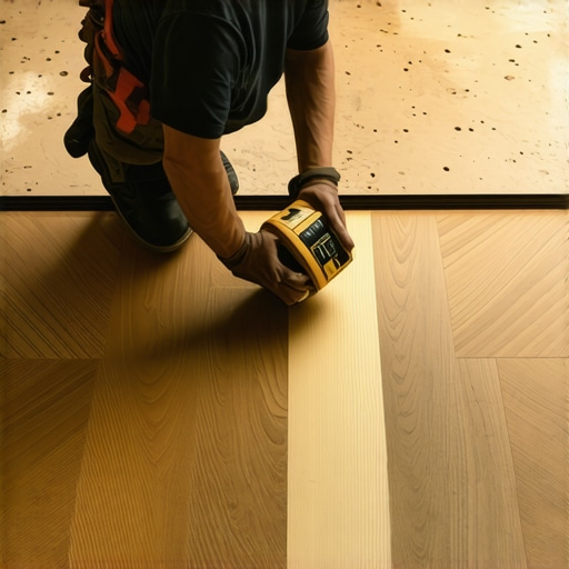 Close-up of a wood herringbone floor dry-fit process showing alignment with a center chalk line.