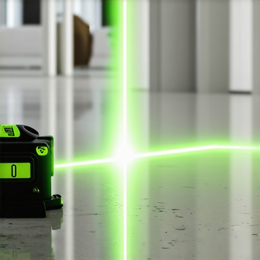 Professional Laser Level Audit on Flat Tile A green laser level checking the flatness and alignment of a newly installed tile floor.