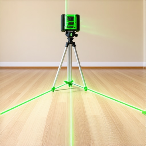 Professional Laser Level Setup for Flooring A green beam 360-degree laser level being used to check subfloor flatness for a flooring installation.