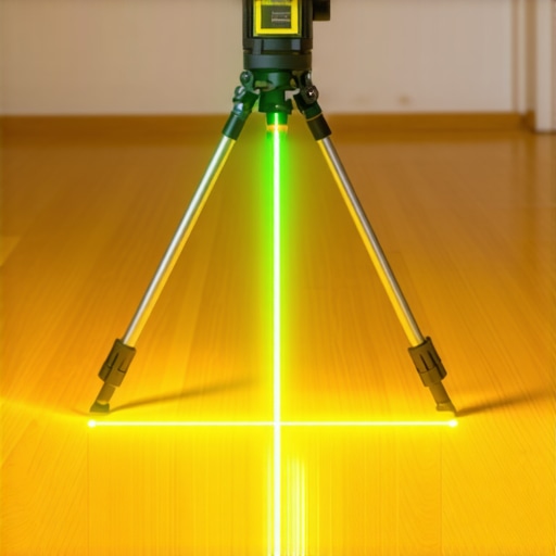 Professional Laser Level Setup on Subfloor Grid A 3D laser level projecting a green datum line across a wood subfloor grid