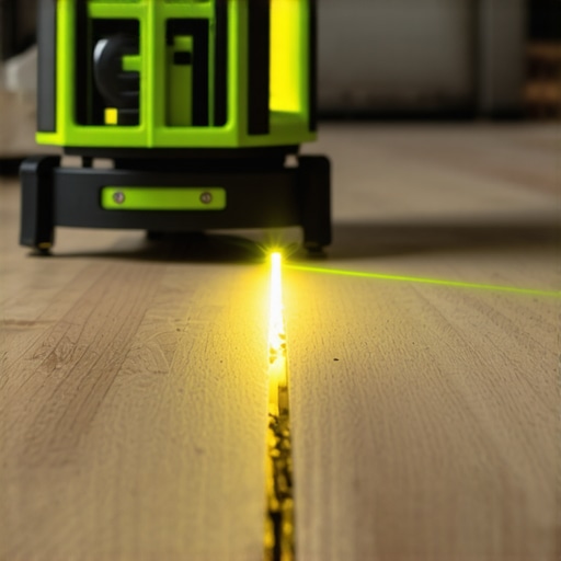 Green laser line projecting across a grey self-leveling underlayment floor