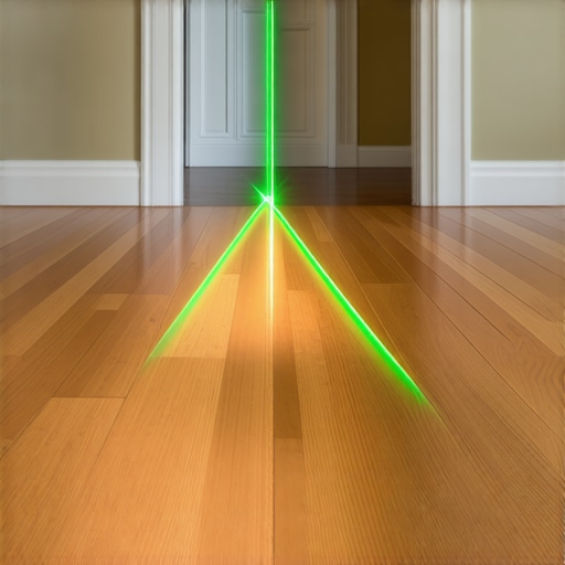 Green beam laser level checking height consistency between hardwood and tile flooring.