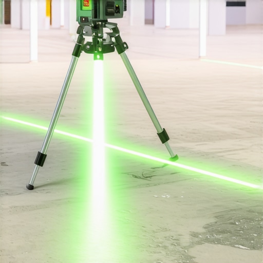 A high-end green beam laser level being used to check subfloor flatness and layout for new flooring.