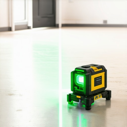 Professional Laser Leveling for Floor Prep A green beam laser level projecting lines on a concrete floor for precise leveling.