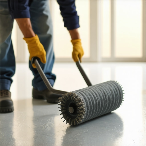 Professional Leveling Technique with a Spiky Roller A contractor using a spiky roller to smooth out self-leveling floor compound on a subfloor.