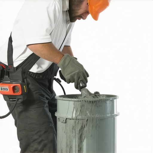 Professional Low-Speed Mixing of Floor Leveler A worker mixing self-leveling compound at low speed to avoid air bubbles.