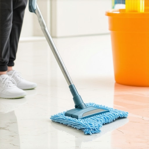 Professional Microfiber Mopping on Marble Cleaning natural stone floors with a microfiber mop and pH-neutral solution for a streak-free finish.