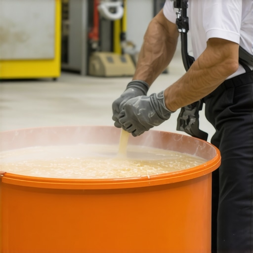 Contractor mixing self-leveling compound in a barrel