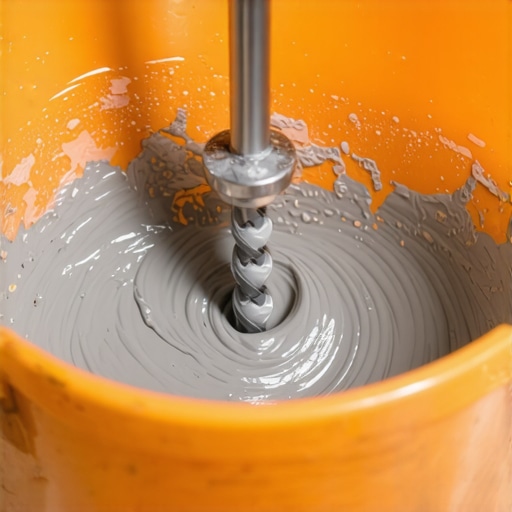 Low-RPM mixing drill with a helical paddle preparing self-leveling compound for a flat floor.