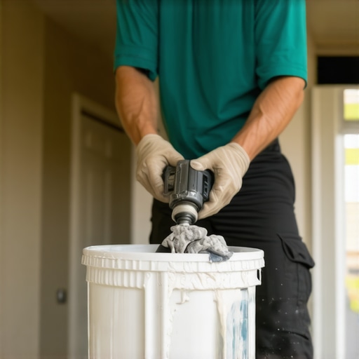 A contractor using a power drill to mix floor leveler in a blue bucket.