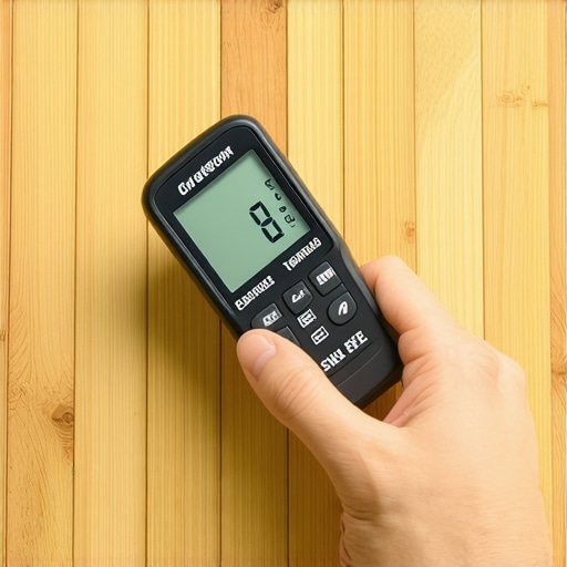 Professional Moisture Meter Testing Close up of a digital moisture meter on light oak hardwood flooring used for preventative maintenance.