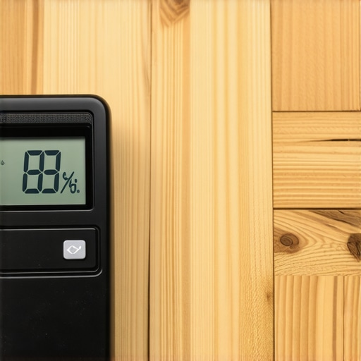A digital pinless moisture meter checking the moisture content of a hardwood floor.