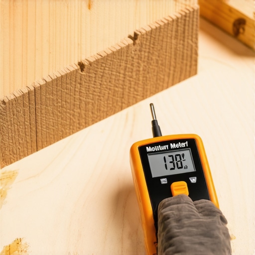 Professional Moisture Meter Testing A digital moisture meter used to check subfloor humidity before installing hardwood.