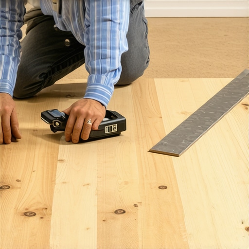 Professional Moisture Meter Testing Contractor checking subfloor moisture levels with a digital pinless meter before installation.