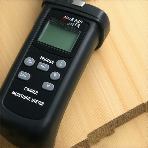 A digital moisture meter measuring the moisture content of a bamboo plank to ensure proper installation.