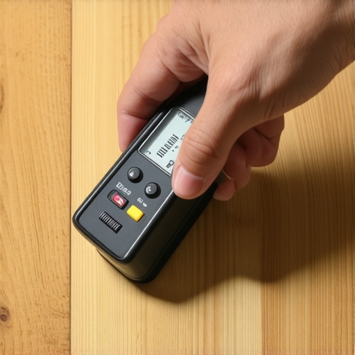 Professional Moisture Meter Testing Hardwood Using a pinless moisture meter on hardwood floors to prevent warping and moisture damage.