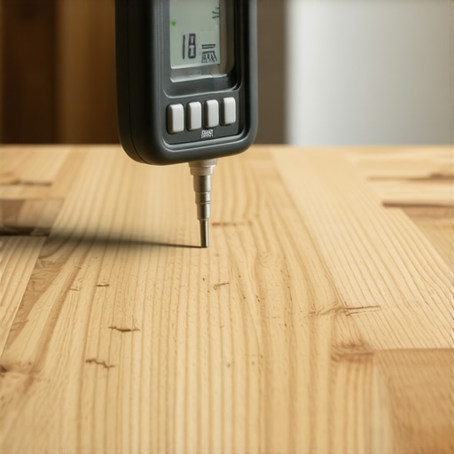Professional Moisture Meter Testing Hardwood A technician using a digital moisture meter to check a hardwood floor plank before installation.