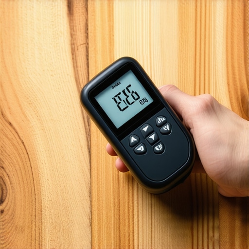 A digital moisture meter measuring the humidity of an oak floor board before installation.