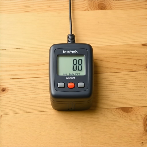 Professional Moisture Meter Testing Hardwood Floors Close-up of a digital moisture meter showing humidity levels on a hardwood floor surface.