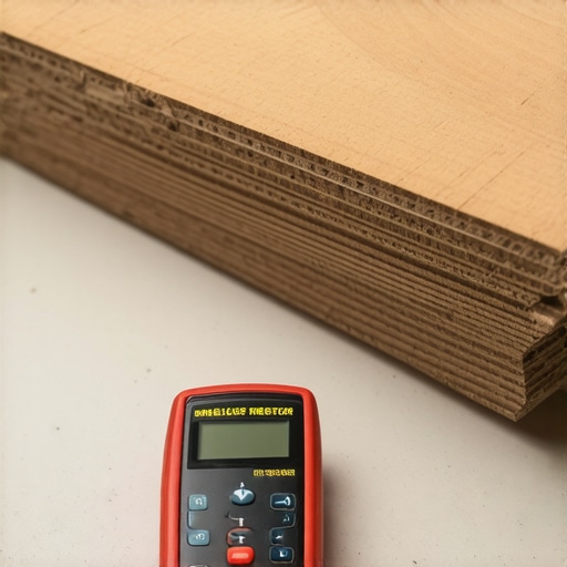 A pinless moisture meter checking a leveled subfloor before hardwood installation.