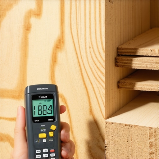 A professional grade moisture meter checking the moisture content of a plywood subfloor before flooring installation.