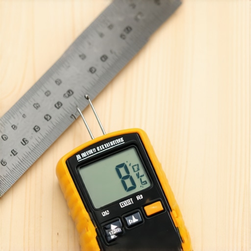 Professional Moisture Meter Testing Subfloor Humidity A digital moisture meter checking plywood subfloor humidity levels before starting a tile or hardwood installation project.