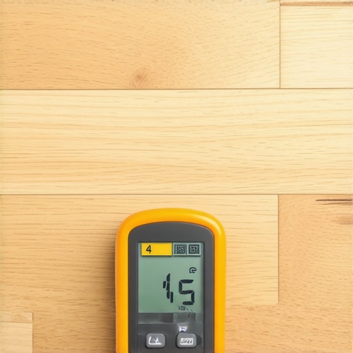 A hand using a digital pinless moisture meter to check the humidity levels of a hardwood floor.