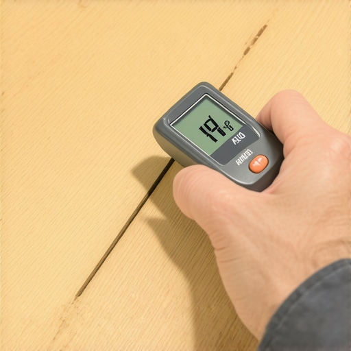 Professional Moisture Meter Testing Wood Floors A digital moisture meter displaying 8 percent moisture content on a light oak hardwood plank.