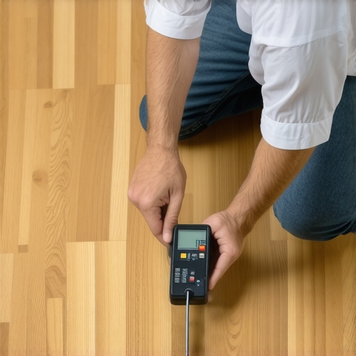 Installer checking hardwood floor moisture content with a digital meter to prevent gapping.
