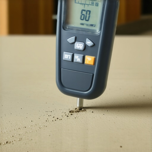 Professional Moisture Meter Testing Using a digital moisture meter on a concrete subfloor to prevent flooring failure.