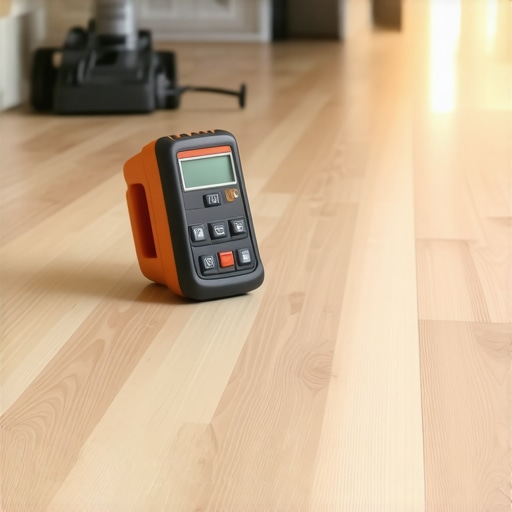 Professional Moisture Meter and Flooring Tools Close-up of a moisture meter checking a wide plank hardwood board during installation.