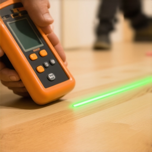 Professional Moisture Meter and Laser Level in Action A contractor using a moisture meter and laser level to check a subfloor before installation.