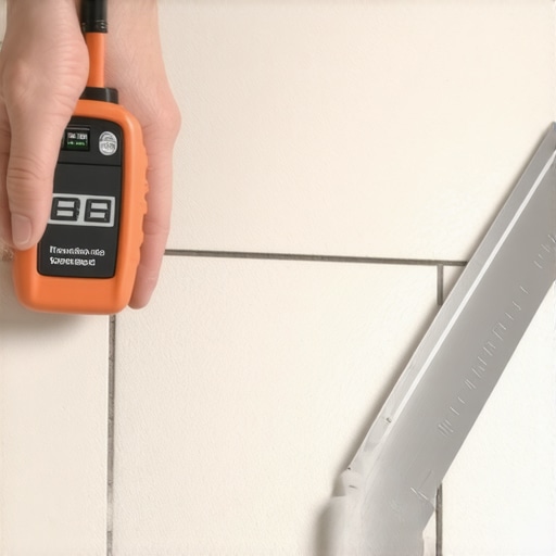 Professional Moisture Meter and Straightedge Tools Professional flooring tools including a moisture meter and a 10-foot straightedge on a subfloor.